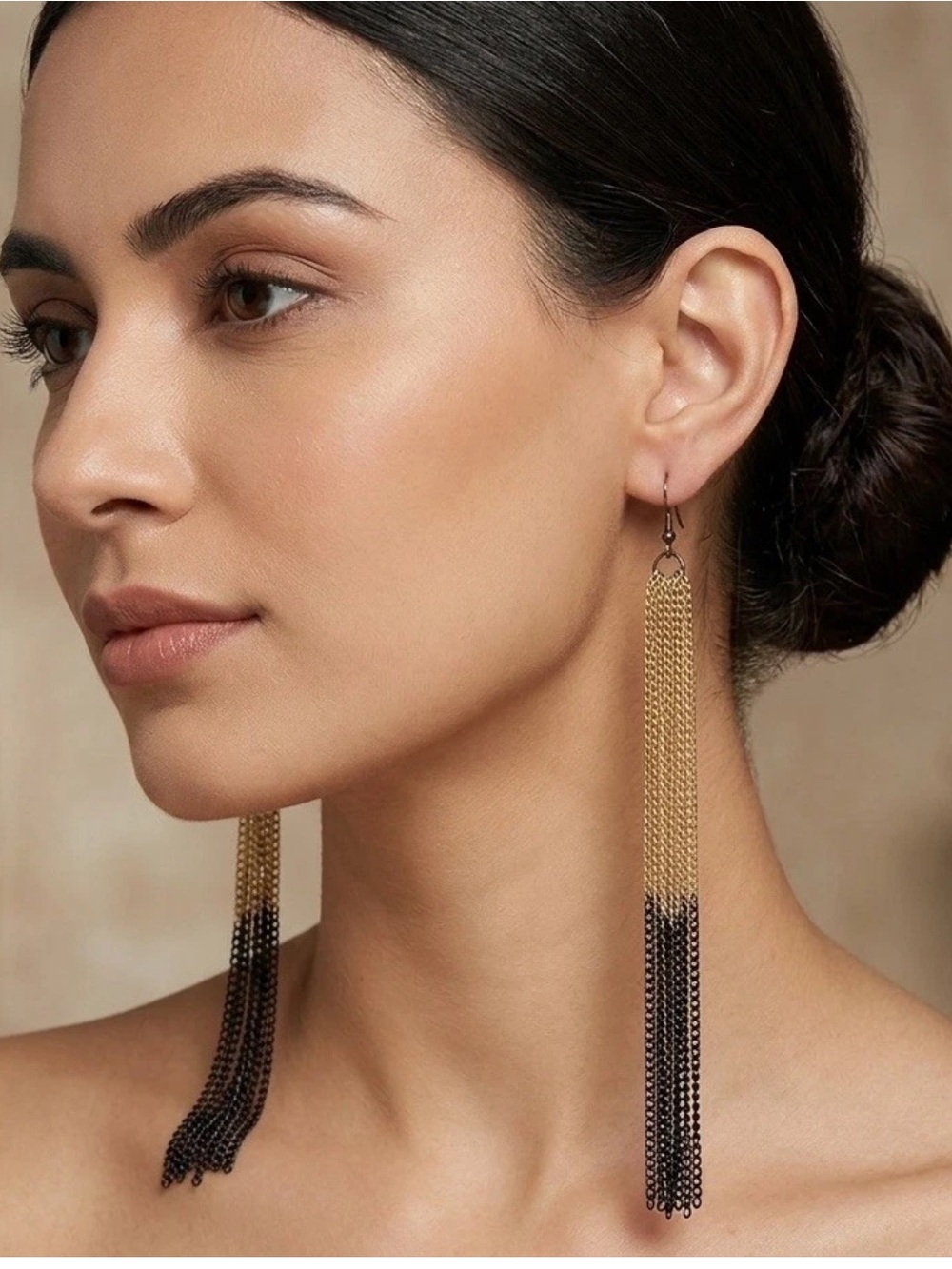 Elo7 Gold & Black Multi Chain Tassel Dangling Earrings 7”
